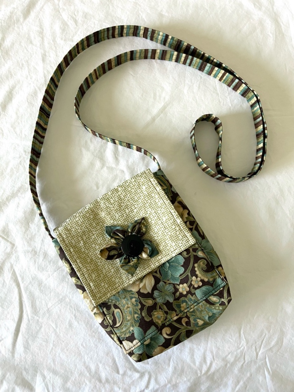 Boho Floral Crossbody Bag Blue Gold Brown Fabric Flower Artsy Lightweight Purse